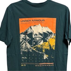 Mens Under Armour t-shirt SM UA Engineered Mountain Tee TShirt Teal Orange White